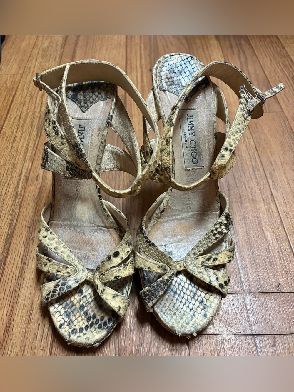 Jimmy Choo Yellow Snakeskin Strappy Heels with Ankle Strap